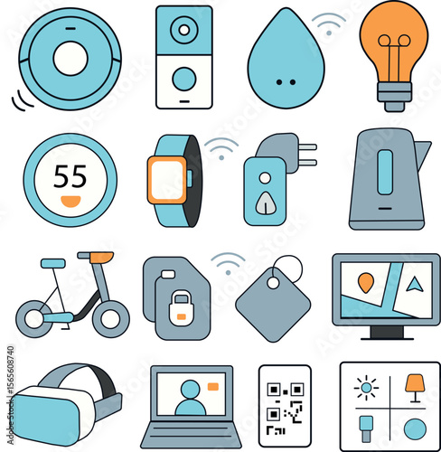 This image features a set of smart home and modern technology icons, including devices like smartwatches, smart plugs, and VR headsets. The icons are illustrated in a flat, minimal style 