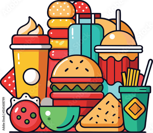 Colorful illustration of fast food items including burgers drinks fries and sandwiches