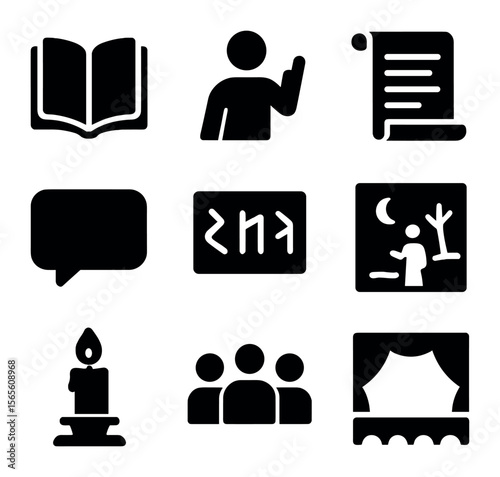 Cultural Storytelling Icons Grid. Solid, filled icons set of cultural storytelling: open book, storyteller