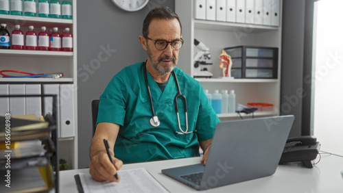 Wallpaper Mural Mature hispanic male doctor working in a hospital clinic room, wearing scrubs and glasses, focused on a laptop while taking notes in an organized indoor environment. Torontodigital.ca