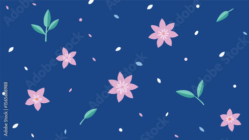 delicate floral seamless pattern with pink flowers green leaves and scattered petals on a dark blue background