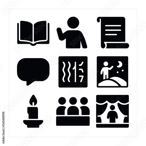 Cultural Storytelling Icons Grid. Solid, filled icons set of cultural storytelling: open book, storyteller