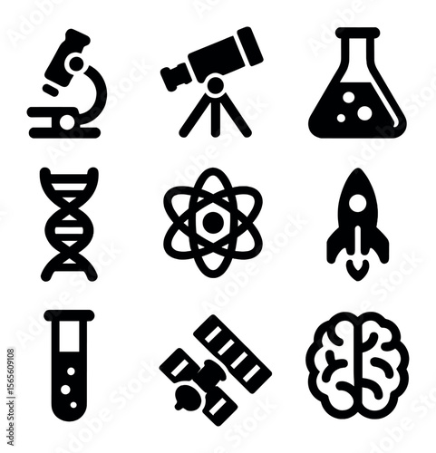 Scientific Exploration Icons. Solid, filled icons set of scientific exploration and discovery: microscope,
