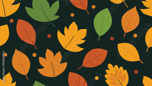 cozy autumn leaves seamless pattern with colorful foliage and scattered dots on a dark background