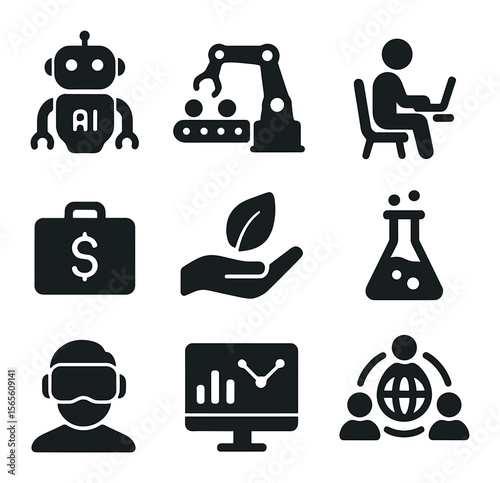 Future Workforce Trends Icons. Solid, filled icons set of future workforce trends: AI robot, automation,