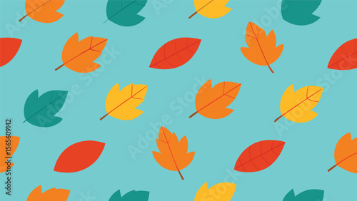 bright autumn leaves seamless pattern in warm colors on a cheerful blue background