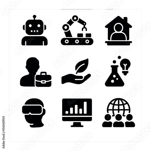 Future Workforce Trends Icons. Solid, filled icons set of future workforce trends: AI robot, automation,