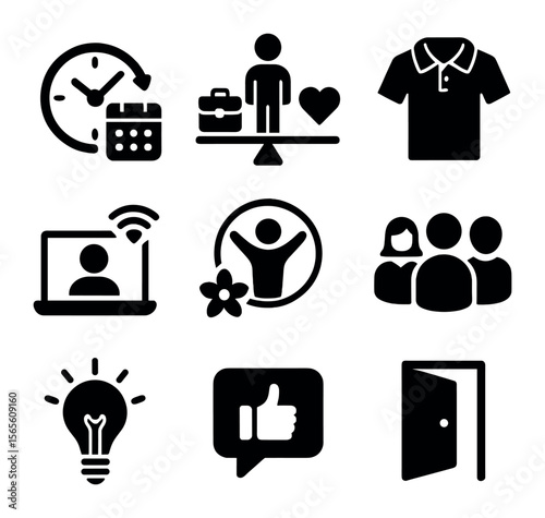 Modern Work Icons. Solid, filled icons set of work values and culture shifts: flexible schedule, work-life