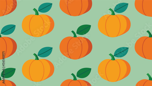 charming pumpkin seamless pattern with green leaves on a pastel green background