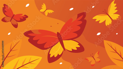 vibrant autumn butterfly background with flying insects and fall leaves on an orange gradient
