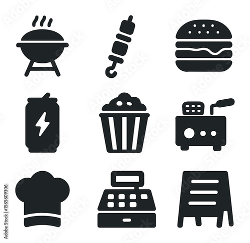 Street Food Icons. Solid, filled icons set of street food vendors: grill, skewer, sandwich, soda can, popcorn,
