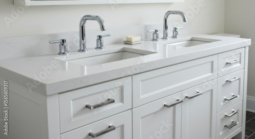 White double vanity with chrome faucets,  quartz countertop, and shaker-style cabinets