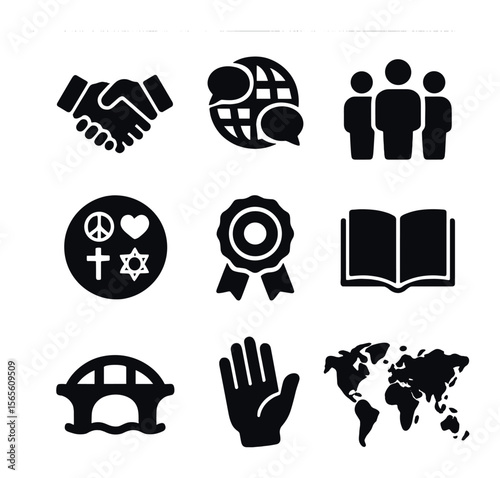 Cultural Exchange Icons. Solid, filled icons set of cultural exchange and understanding: handshake icon, globe
