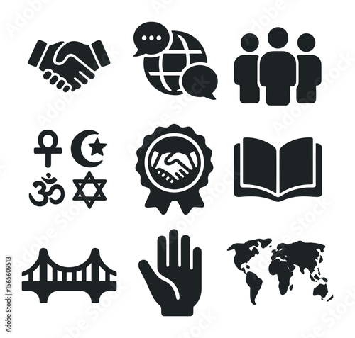 Cultural Exchange Icons. Solid, filled icons set of cultural exchange and understanding: handshake icon, globe