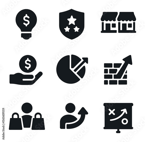 Market Structure Icons. Solid, filled icons set of market structures: monopoly icon, oligopoly badge, perfect