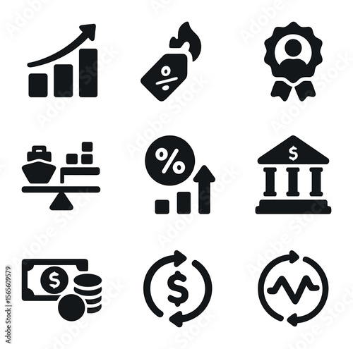 Macroeconomic Icons Grid. Solid, filled icons set of macroeconomic variables: GDP icon, inflation rate,