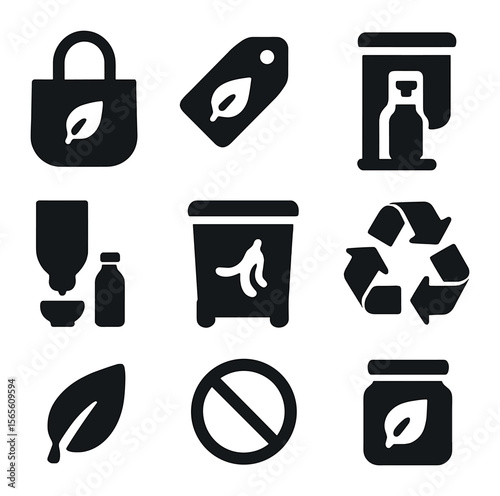 Sustainable Shopping Icons. Solid, filled icons set of sustainable shopping habits: cloth bag, eco label,