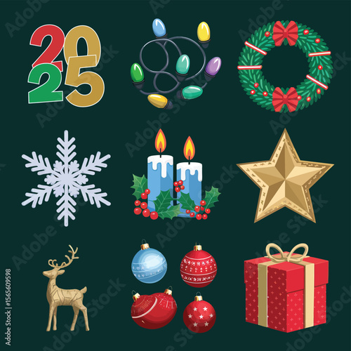 vector Happy New Year Celebrating 2025 in Latin letters , Christmas Decoration Items Santa Claus
