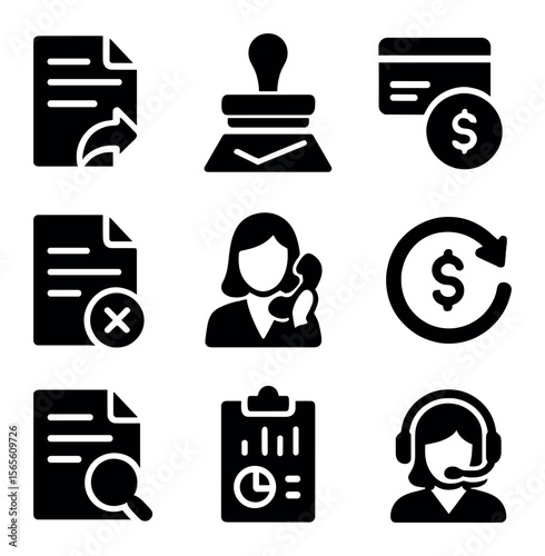 Billing Workflow Icons. Solid, filled icons set of billing process workflow: claim submission, approval stamp,