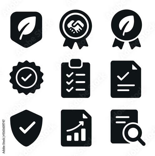 Certification Icon Set. Solid, filled icons set of certifications and standards: organic label, fair trade