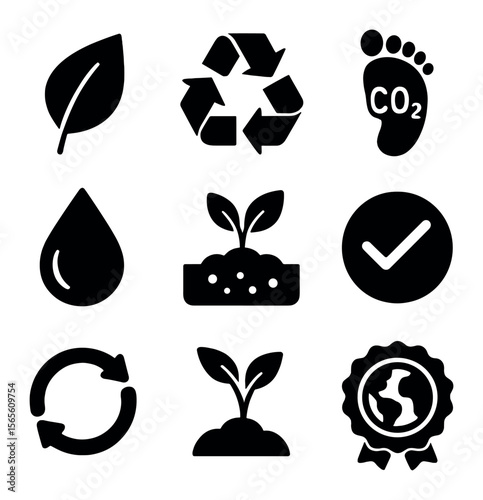 Sustainability Icon Grid. Solid, filled icons set of environmental impact and benefits: leaf icon, recycling