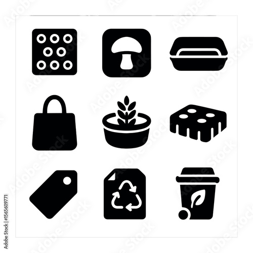 Eco Packaging Icons. Solid, filled icons set of eco packaging materials: cellulose wrap, mushroom packaging,