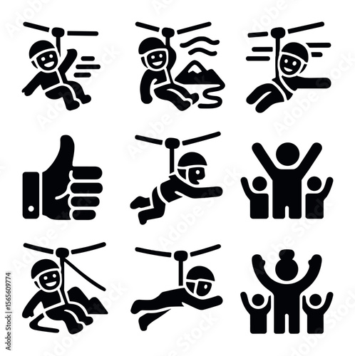 Zip Line Adventure Icons. Solid, filled icons set of zip line fun and thrill: excited rider, wind lines, speed