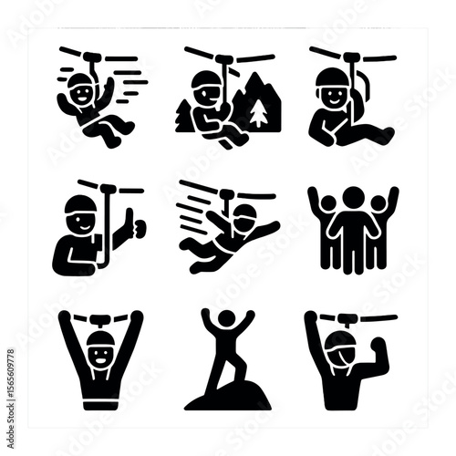 Zip Line Adventure Icons. Solid, filled icons set of zip line fun and thrill: excited rider, wind lines, speed