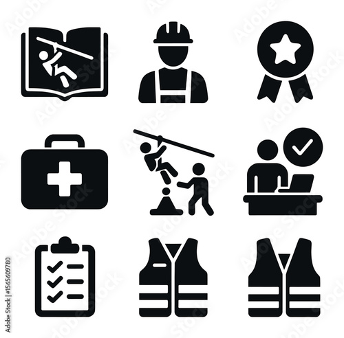 Zip Line Training Icons. Solid, filled icons set of zip line training and certification: training manual,