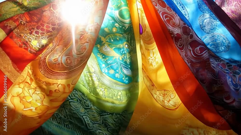 Sunlit, patterned silk scarves in vibrant hues hang, creating a colorful, flowing display