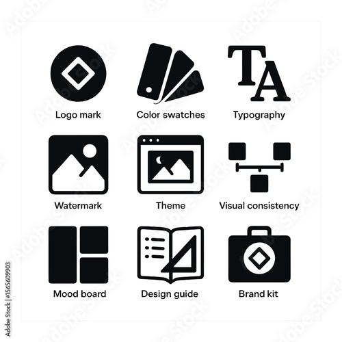 Brand Identity Icons. Solid, filled icons set of branding and aesthetics: logo mark, color swatches,