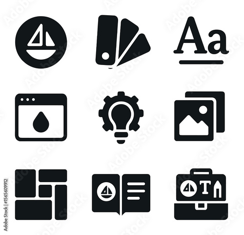 Brand Identity Icons. Solid, filled icons set of branding and aesthetics: logo mark, color swatches,