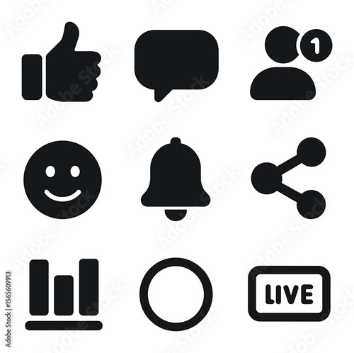 Engagement Icons Grid. Solid, filled icons set of engagement and interaction: thumbs up, message chat,