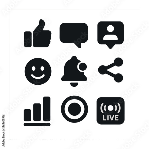 Engagement Icons Grid. Solid, filled icons set of engagement and interaction: thumbs up, message chat,
