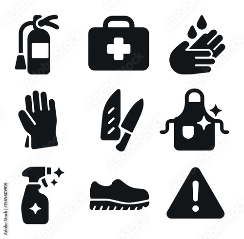 Kitchen Safety Icons. Solid, filled icons set of kitchen safety and hygiene: fire extinguisher, first aid kit,