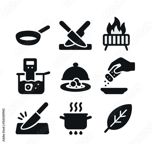 Culinary Techniques Icons. Solid, filled icons set of culinary techniques and skills: sauté pan, knife skills,