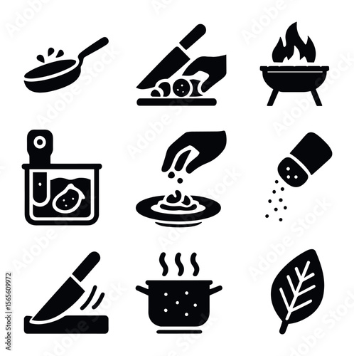 Culinary Techniques Icons. Solid, filled icons set of culinary techniques and skills: sauté pan, knife skills,