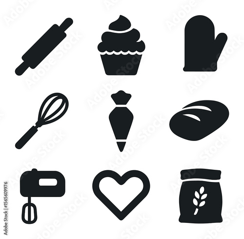 Baking Icons Grid. Solid, filled icons set of baking and pastry classes: rolling pin, cupcake, dough whisk,