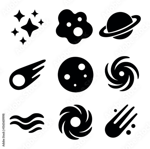 Cosmic Icons Set. Solid, filled icons set of cosmic dreamscapes: star clusters, nebula clouds, planetary rings