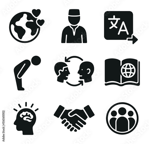 Cultural Sensitivity Icons. Solid, filled icons set of cultural sensitivity and respect: globe with hearts,