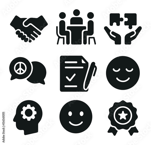 Conflict Resolution Icons. Solid, filled icons set of conflict resolution and respect: handshake agreement,