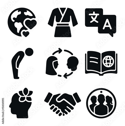 Cultural Sensitivity Icons. Solid, filled icons set of cultural sensitivity and respect: globe with hearts,
