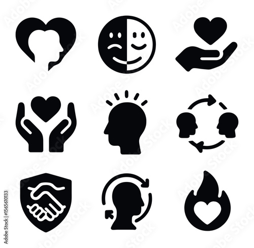 Emotional Intelligence Icons. Solid, filled icons set of emotional intelligence: empathy heart, mood spectrum,