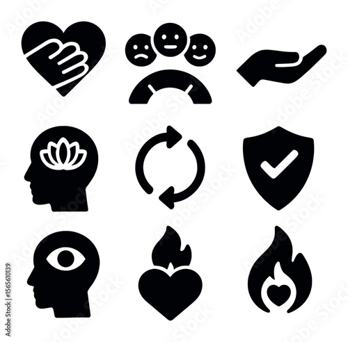 Emotional Intelligence Icons. Solid, filled icons set of emotional intelligence: empathy heart, mood spectrum,
