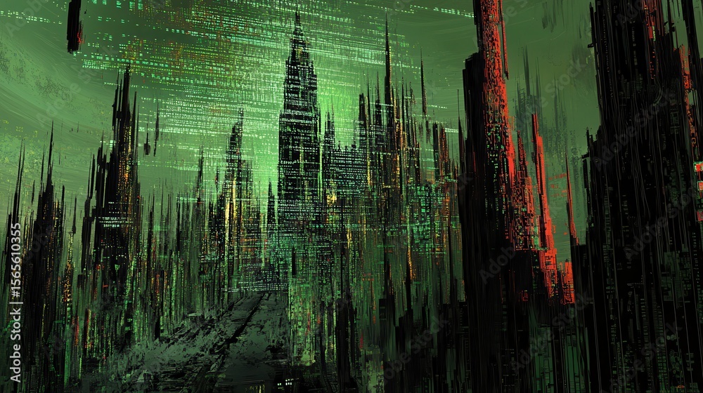 Obraz premium Futuristic cityscape of towering structures with digital code.
