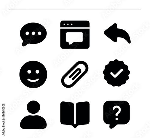 Chat Support Icons. Solid, filled icons set of live chat support tools: typing bubble, chat window, reply