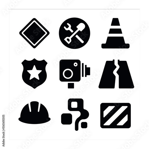Municipal Traffic Icon Set. Solid, filled icons set of municipal traffic control icons: official road sign,