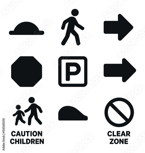 Parking Lot Icons. Solid, filled icons set of parking lot traffic signs: slow speed bump, pedestrian symbol,