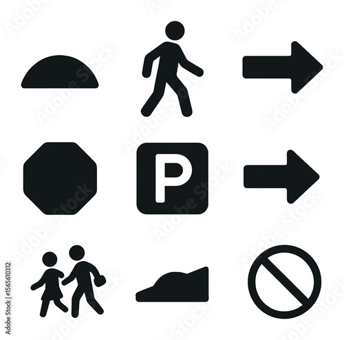 Parking Lot Icons. Solid, filled icons set of parking lot traffic signs: slow speed bump, pedestrian symbol,