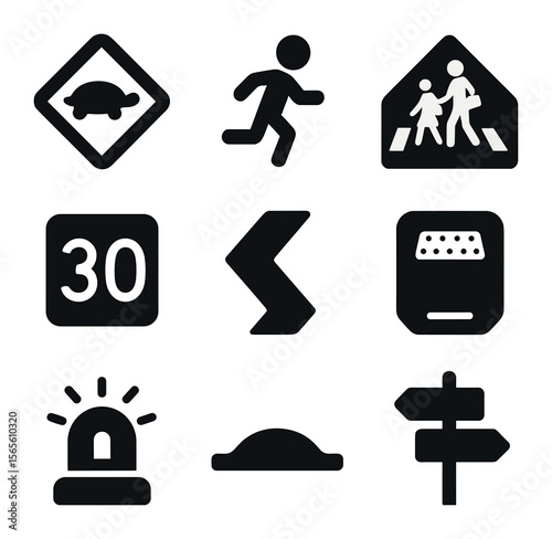 Urban Safety Icons. Solid, filled icons set of urban road safety signage: slow zone sign, children playing